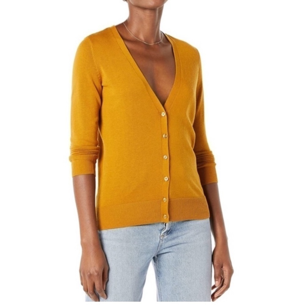 Nwt AMAZON Essentials Knit Cardigan Yellow V Neck Basic Button Up Sweater